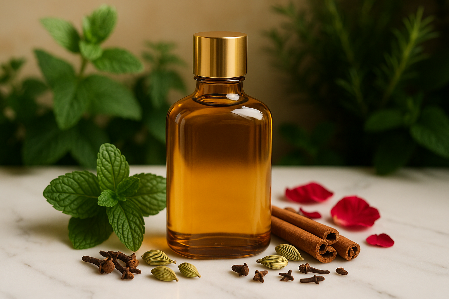 Herbal mouthwash bottle with mint, cinnamon, cardamom, rose petals and cloves