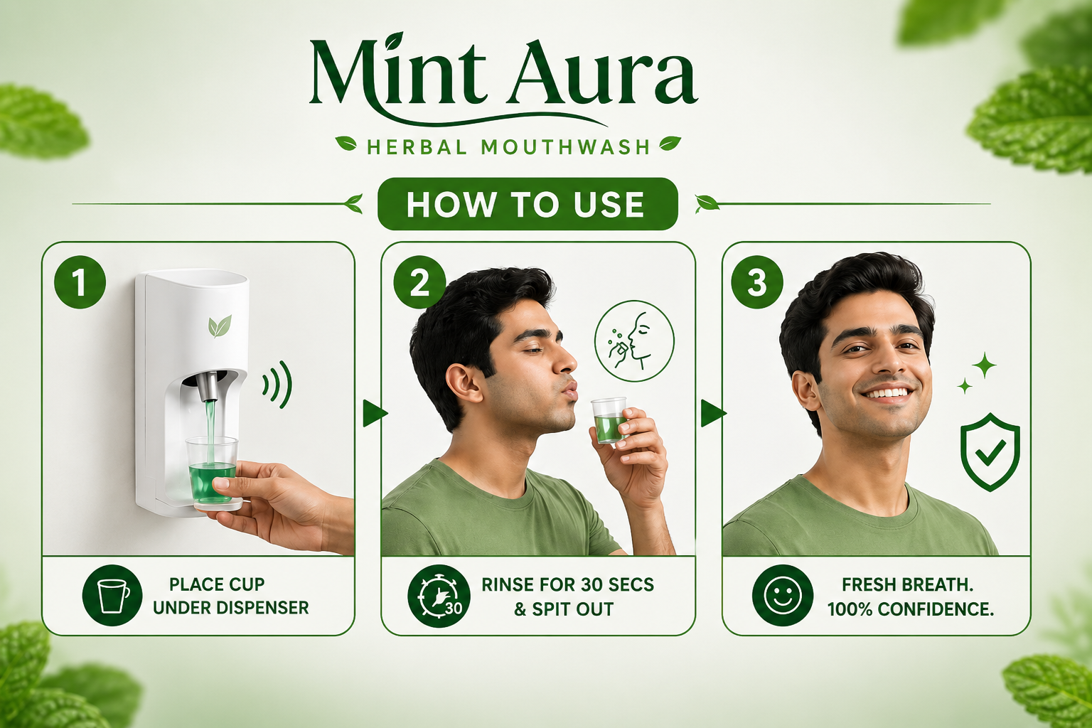 How to use MintAura Herbal Mouthwash dispenser: place cup under the touchless dispenser, rinse for 30 seconds and spit out, enjoy fresh breath and 100% confidence.