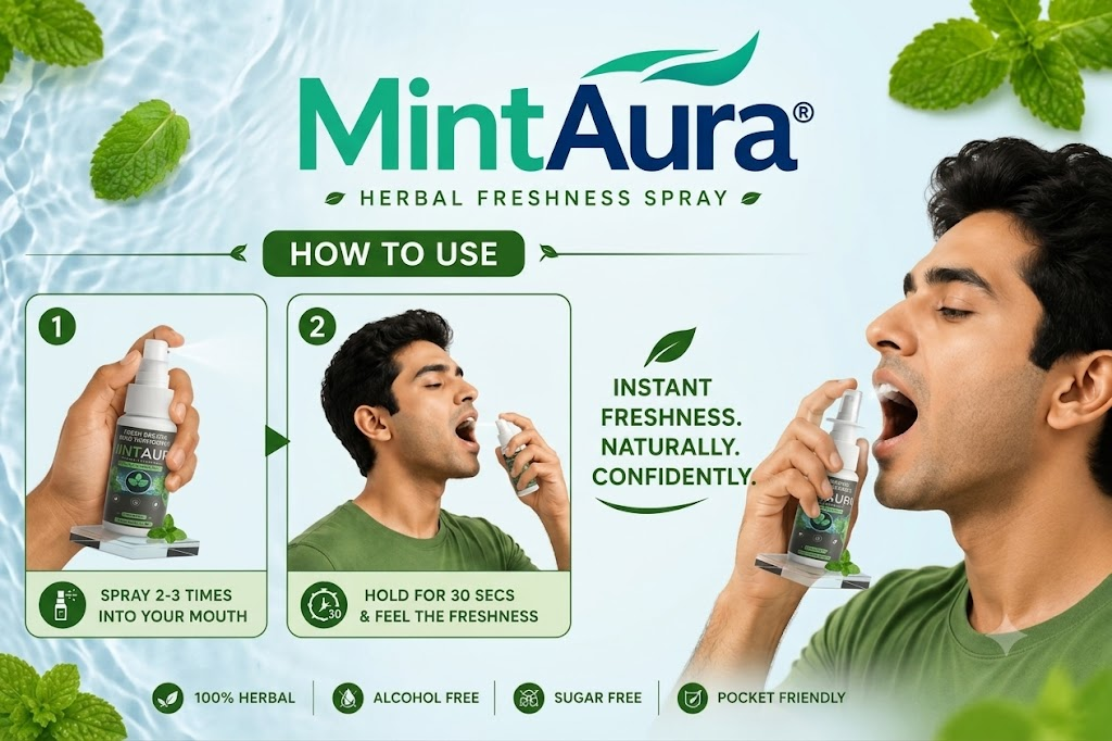 How to use MintAura Herbal Breath Freshener spray: spray 2-3 times into your mouth, hold for 30 seconds and feel the freshness. 100% herbal, alcohol free, sugar free, pocket friendly.
